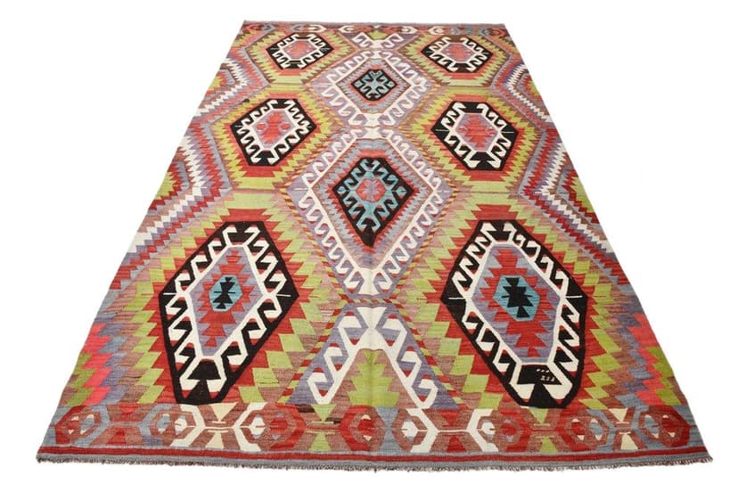 Kilim 186x305 cm, oliwkowy, czerwony, wełna, Turcja, lata 70.