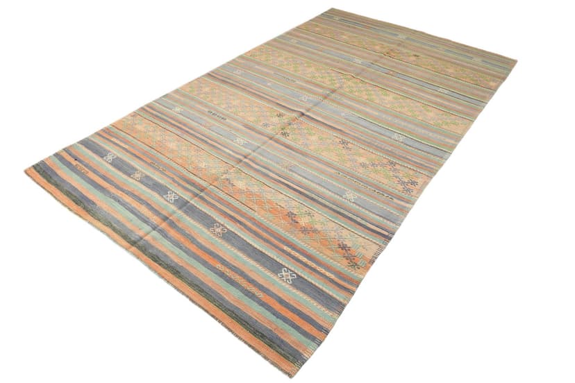 Kilim 185x326 cm, beżowy, niebieski, wełna, Turcja, lata 60.