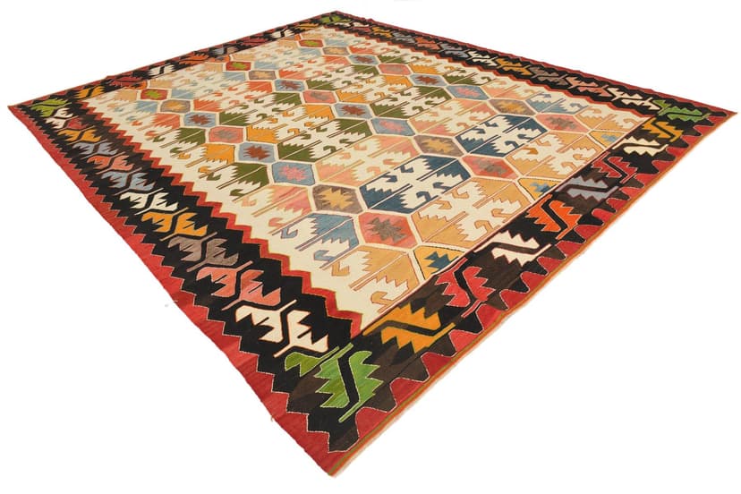 Kilim Rug 420x340 cm, beige, brown, wool, Turkey, 1970s.