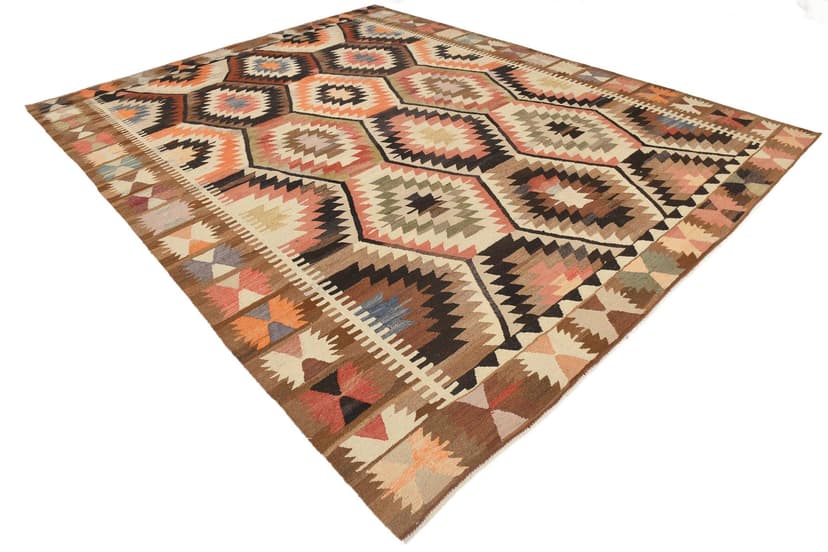 Kilim Rug 391x306 cm, brown, beige, wool, Turkey, 1970s.