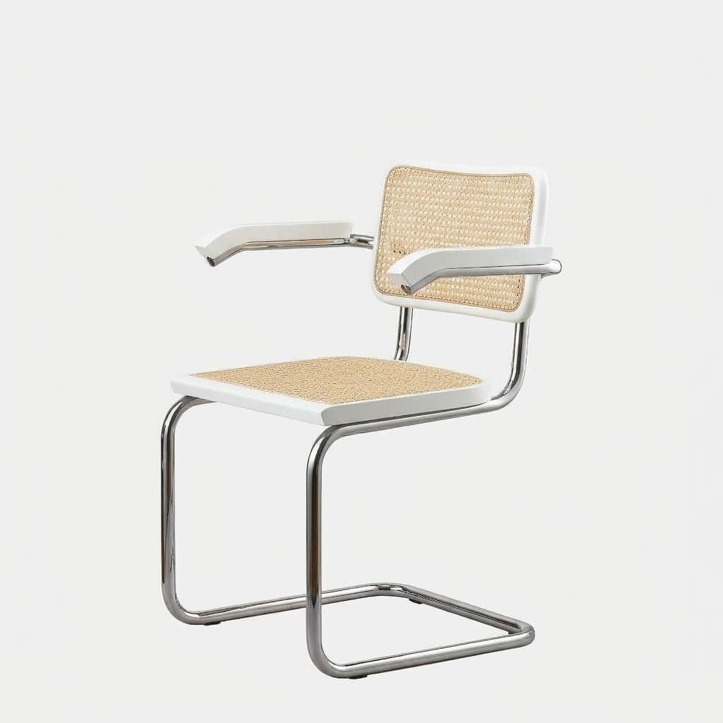 Krzesło z giętej stali z podłokietnikami wg proj. Cesca, M.Breuer, Bauhaus, białe - 372954