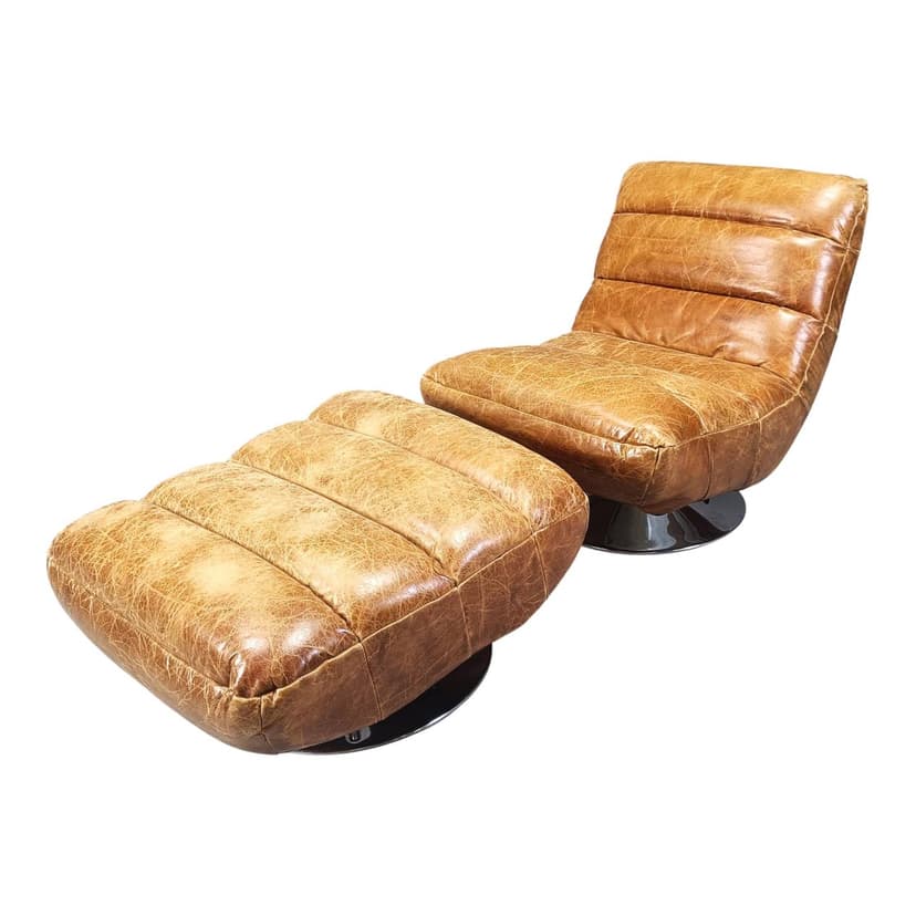 Fotel obrotowy z podnóżkiem, skóra brązowa, Belgia, lata 70.