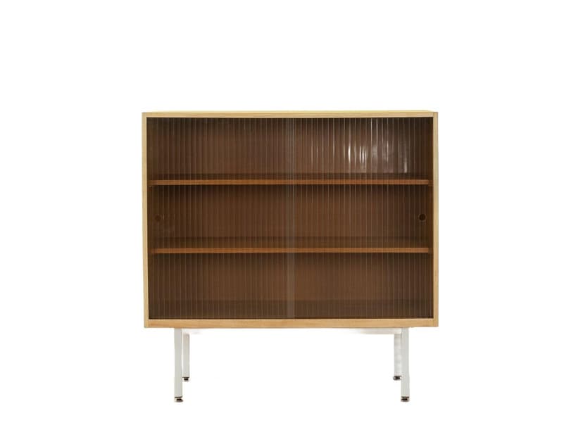 Witryna, brązowy żółty biały, orzech szkło stal, Niemcy, lata 50.