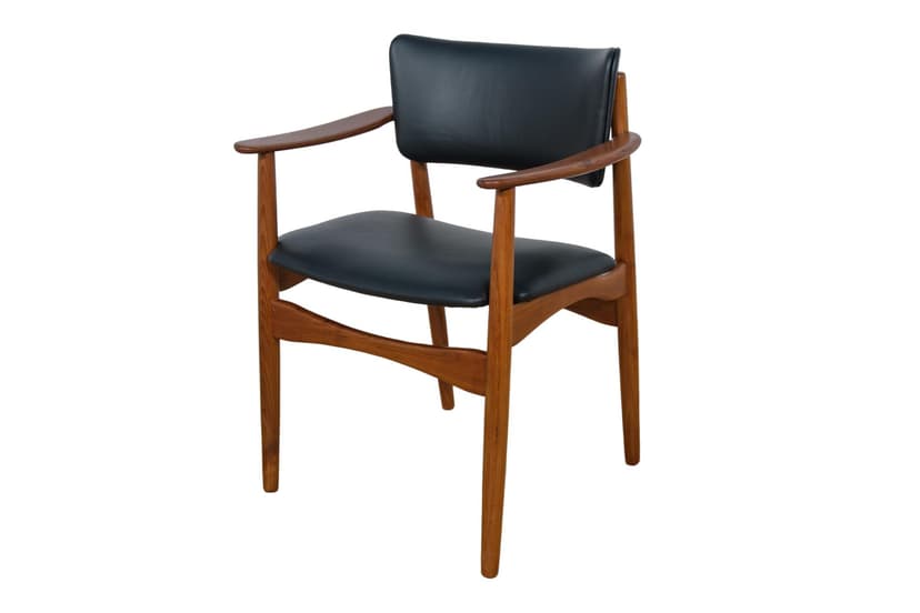Fotel biurowy, teak brązowy, skóra naturalna czarna, Dania, lata 60.