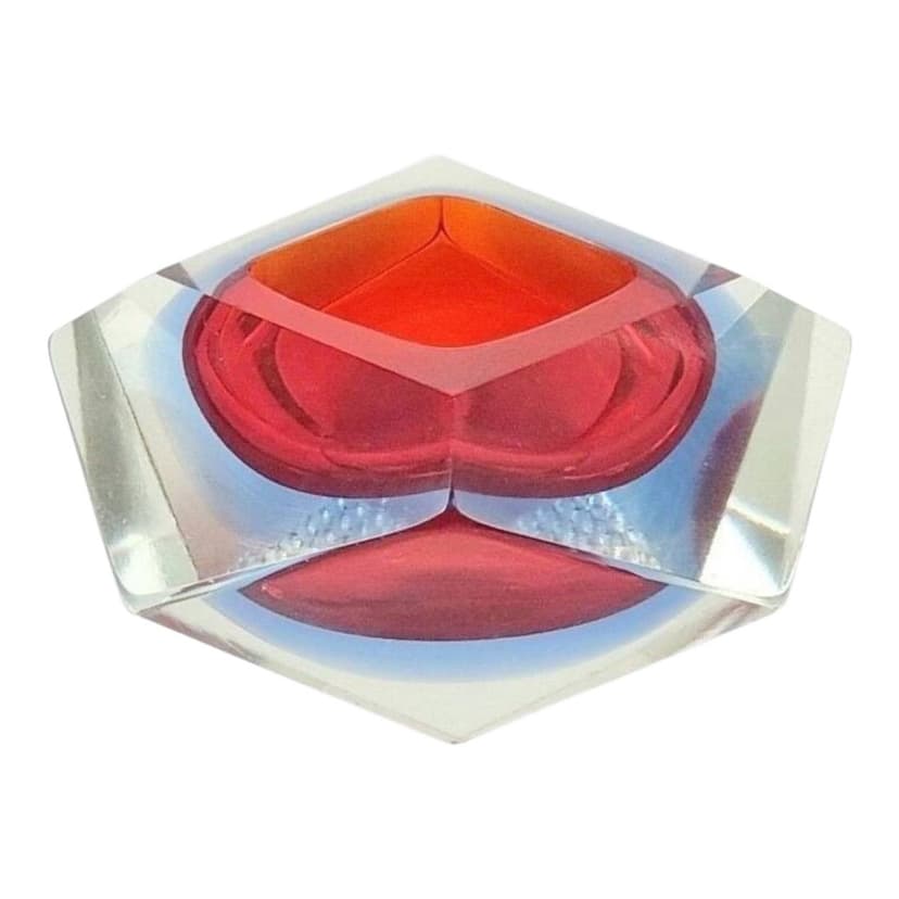 Diamond Ashtray, Murano glass red blue transparent, by F. Poli, Italy, 1960s.