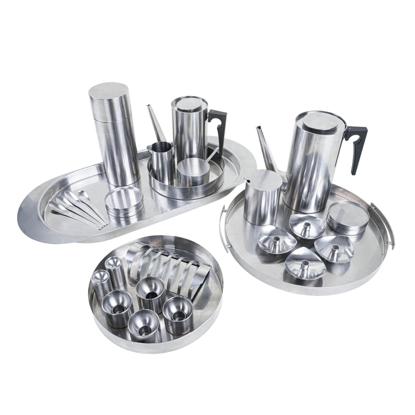 Serving set, silver stainless steel, black plastic, by A. Jacobsen, Denmark, 1960s.