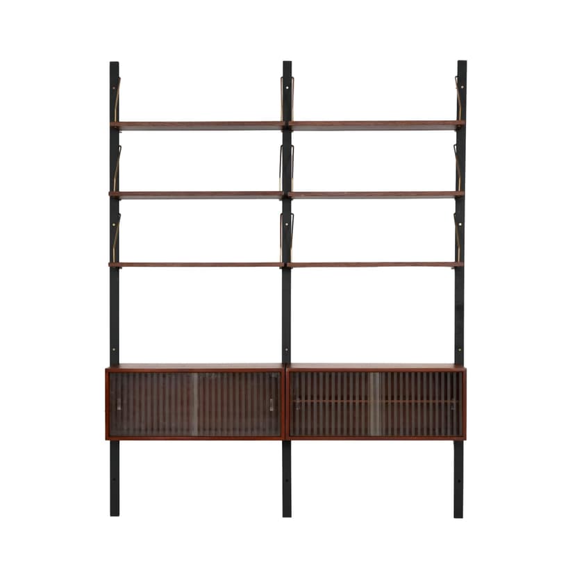 Regał systemowy, brązowy teak, metal czarny, szkło transparentne, Dania, lata 60.