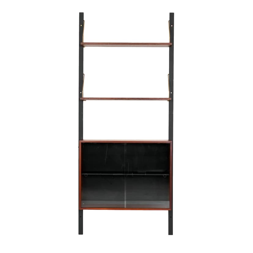 Regał systemowy, teak brązowy, metal czarny, szkło transparentne, Dania, lata 60.