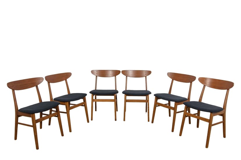Komplet sześciu krzeseł Model 210, beech brąz, teak czerwony, tkanina syntetyczna czarna, Farstrup Møbler, Dania, lata 50.