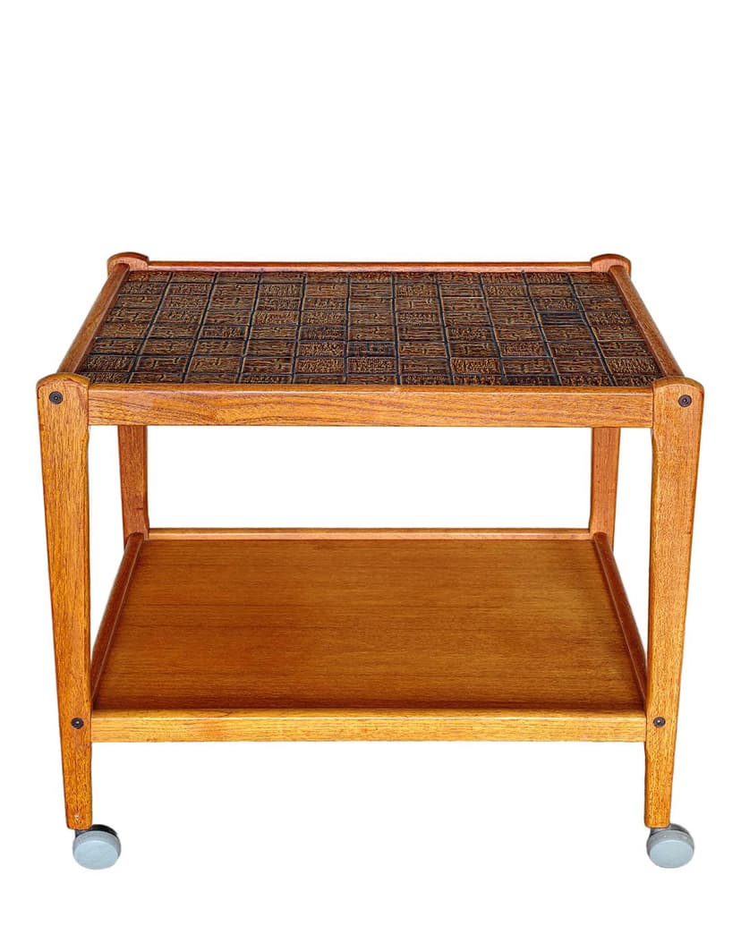 Bar cart, brown wood, ceramic, Denmark, 1970s.