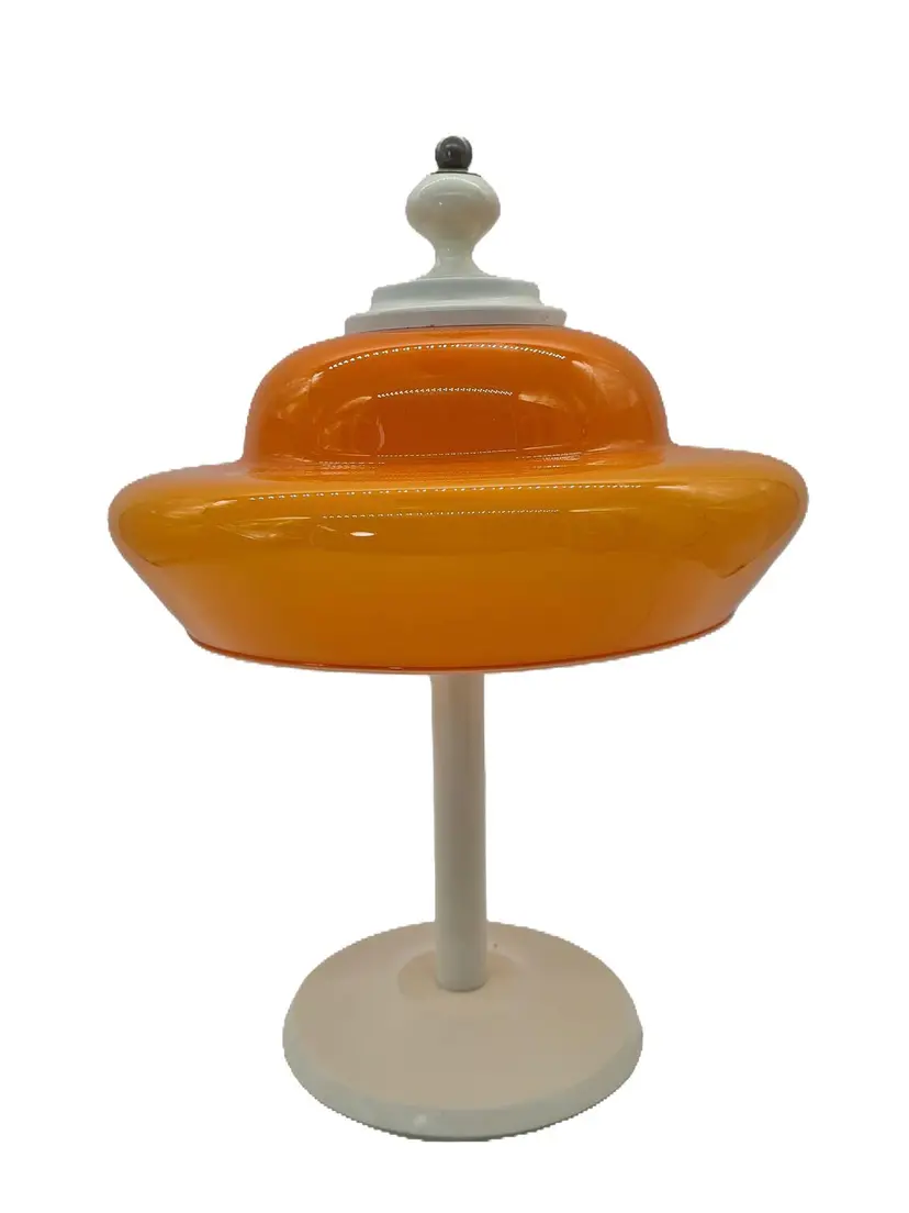 Lampa stołowa Space Age, szkło pomarańczowe, drewno kremowe, Europa, lata 70.