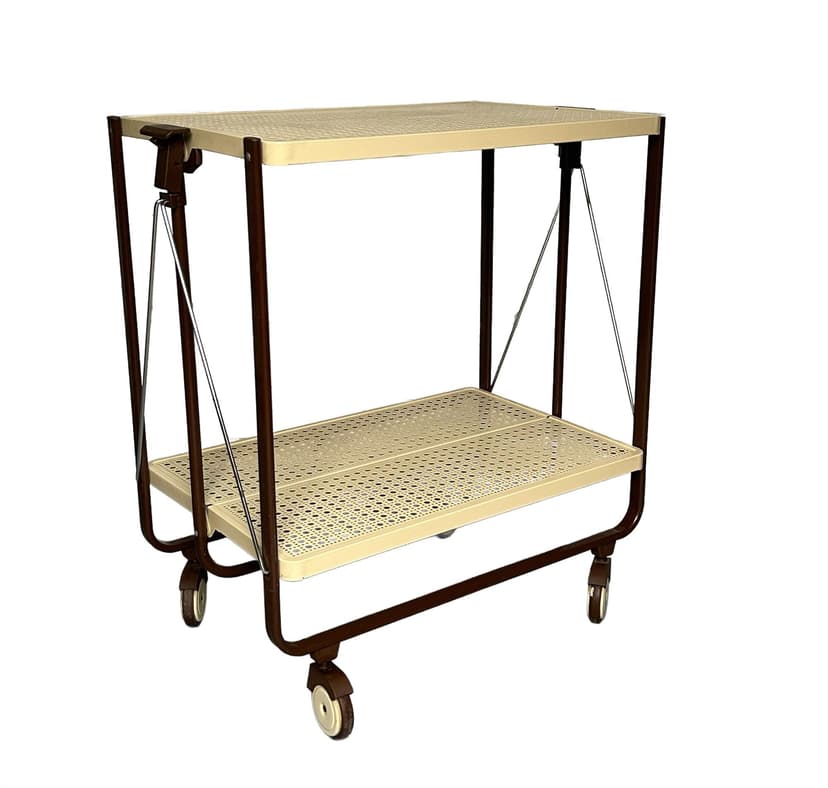 Folding bar cart, beige metal, brown metal, chrome, by L. L. Lepoix, Germany, 1980s.