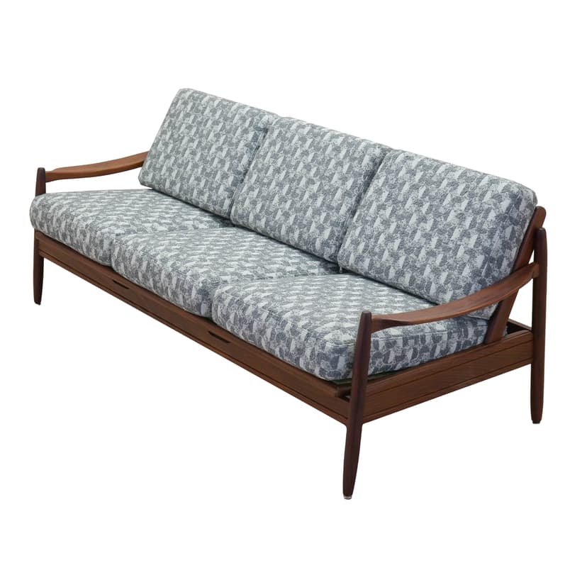 Sofa, brown teak, grey white fabric, Denmark, 1970s.