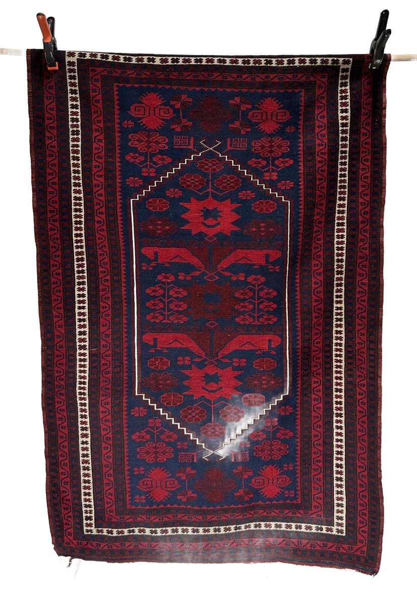 Dywan orientalny 112x180 cm, wełna niebieski czerwony, lata 70.