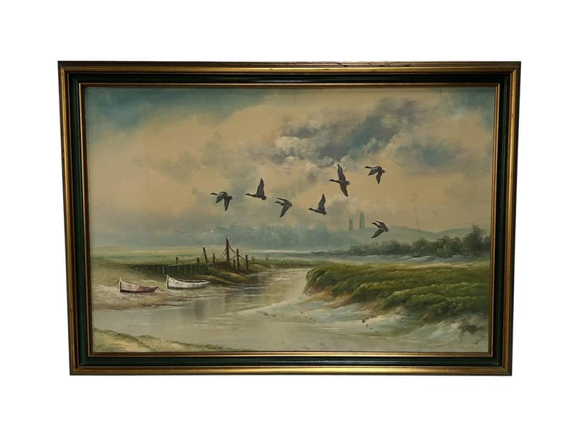 Obraz pejzażowy 70x100 cm, olej na płótnie, rama drewniana złoto-zielona, Europa, początek XX w.