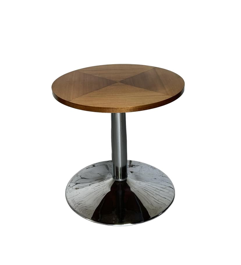 Round side table, brown wood, silver chrome, 1970s.