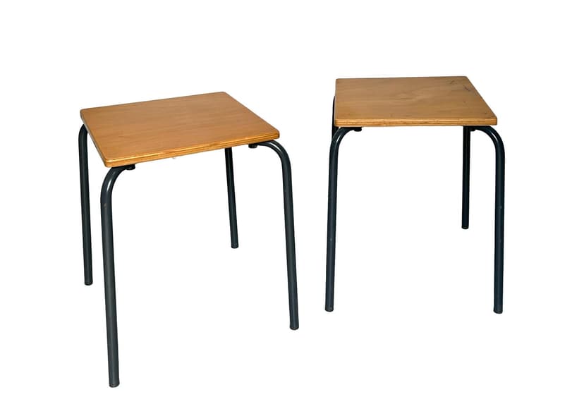 Pair of school stools, brown plywood, grey metal, Germany, 1970s.