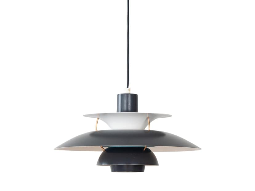 Pendant lamp PH 5, black white aluminium, by P. Henningsen, Louis Poulsen, Denmark, 1980s.