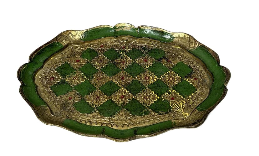 Tray Florentine, green, gold wood, Italy, 1970s.