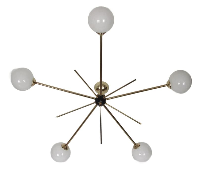 Chandelier Stilnovo, polished brass, opaline white glass, Italy, 1960s.