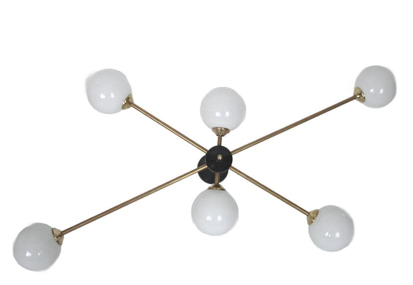 Chandelier Stilnovo, gold brass, white glass, black metal, 1960s.