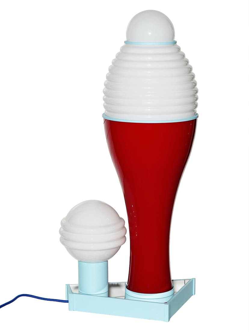 Table lamp FUTURA II, red, acrylic, glass white blue, by K. Wyżyński, NO BEIGE FEELINGS