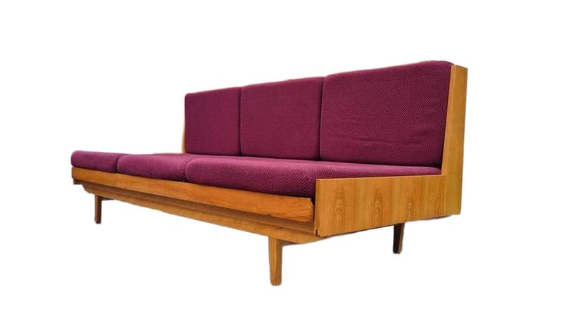 Sofa, burgundy fabric, light oak, Jitona, Czechoslovakia, 1960s.