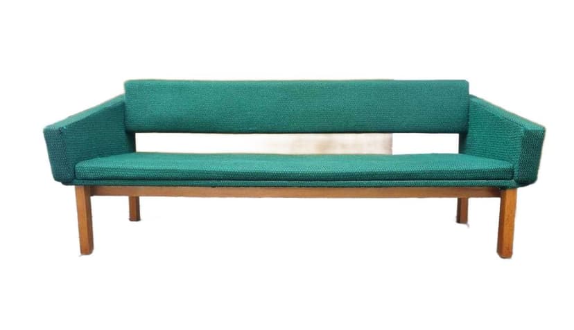 Sofa bench Brutalism, green fabric, light wood, Czechoslovakia, 1960s.