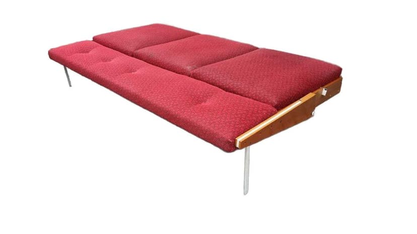 Sofa, Mid-Century Modern, red fabric, light wood, white metal, Czechoslovakia, 1960s.
