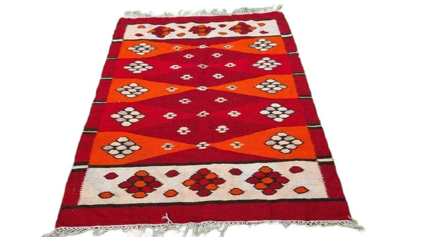 Kilim, 150x200 cm, red orange white, wool, Poland, 1960s.