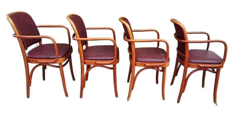 Set of four armchairs B-811, brown wood, burgundy fabric, by J. Hoffman, Poland, 1930s.