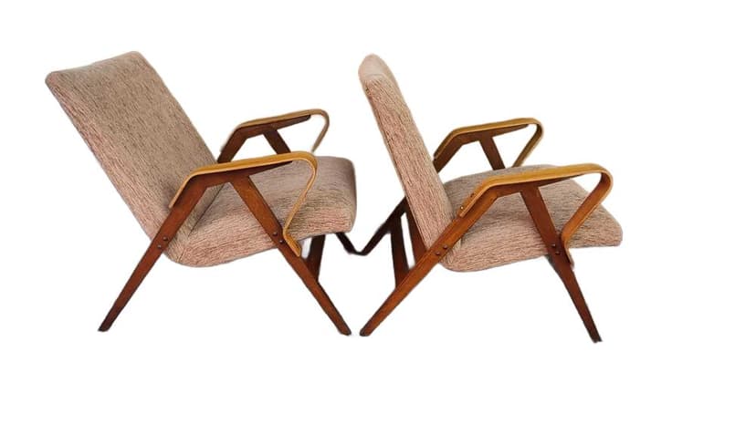 Pair of armchairs Tatra, beige fabric, brown plywood, by F. Jirak, Tatra Nabytok, Czechoslovakia, 1960s.