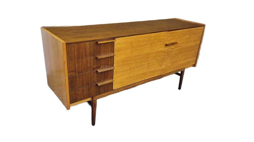 Four-piece set of storage furniture, honey oak, walnut, Czechoslovakia, 1960s.