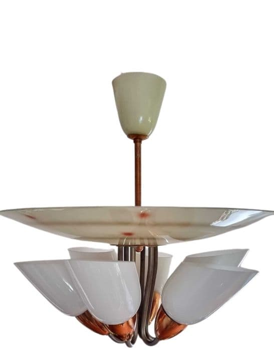 Żyrandol Mid Century, beżowy szkło, metal, Czechosłowacja, lata 50.