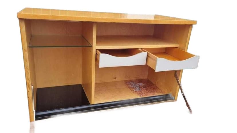 Bar sideboard, honey brown, wood glass, Interier Praha, Czechoslovakia, 1970s.