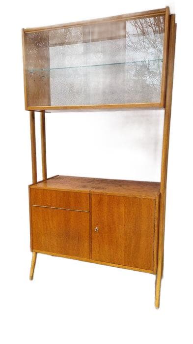 Monti modular shelving unit, brown oak, transparent glass, by F. Jirák, Tatra Nabytok, Czechoslovakia, 1970s.