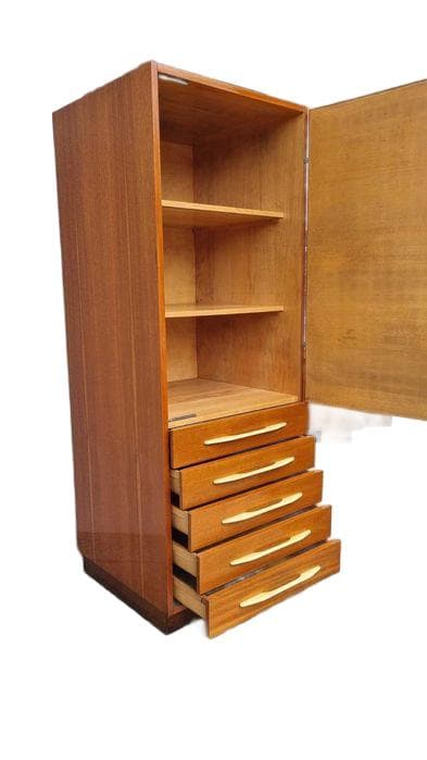 Linen cabinet, brown, wood, beige plastic handles, UP Závody, Czechoslovakia, 1970s.