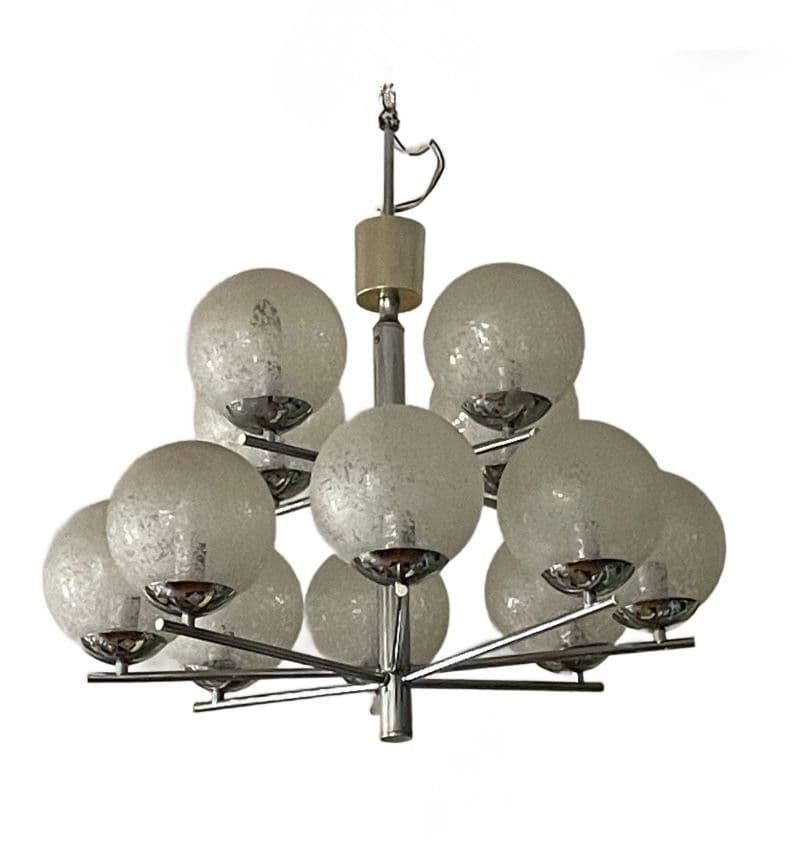 Żyrandol Space Age, chrom srebrny, szkło białe, Niemcy, lata 70.