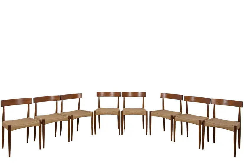 Set of eight chairs, brown teak, beige rattan, by A. Hovmand-Olsen, for Mogens Hansen, Denmark, 1960s.