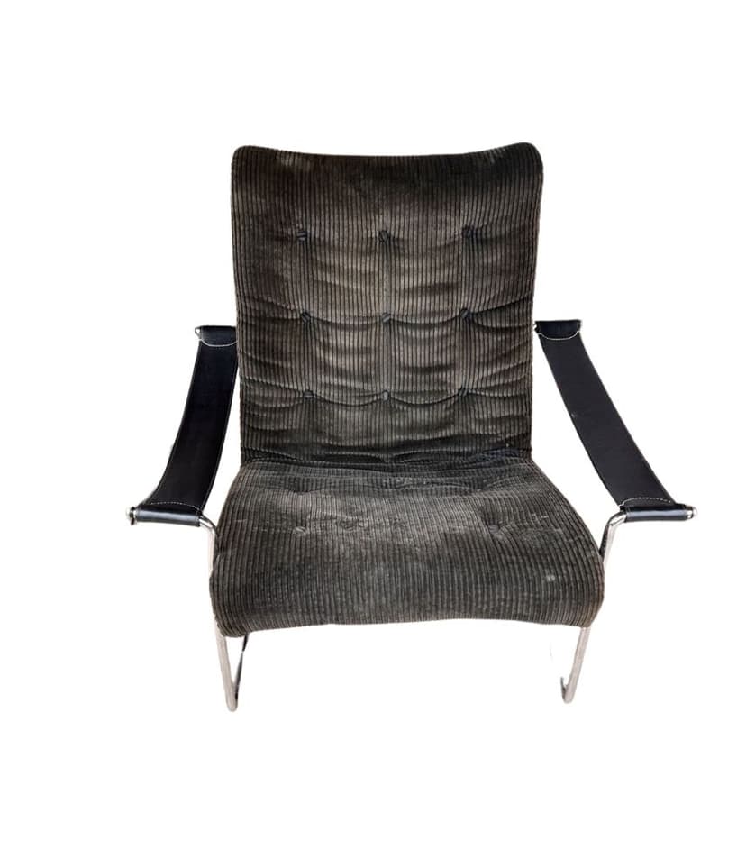 Armchair, green corduroy, chromed steel, by H. Konecke, Germany, 1960s.