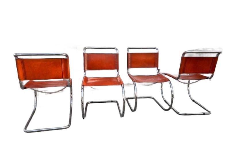 Set of four chairs MR10, brown red, leather chrome, by L. Mies van der Rohe, Italy, 1970s.