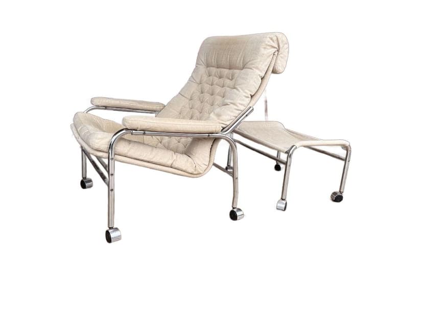 Armchair with ottoman Bore, beige cotton, chrome steel, by N. Nakamura, Ikea, Sweden, 1970s.