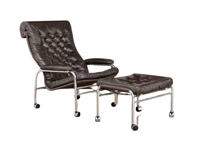 Armchair with Ottoman Set Bore, brown leather, chrome steel, by N. Nakamura, Ikea, Sweden, 1970s.