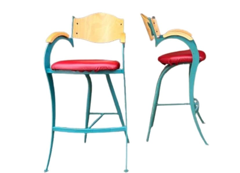 Barstool Memphis, turquoise steel, red fabric, light wood, 1980s.