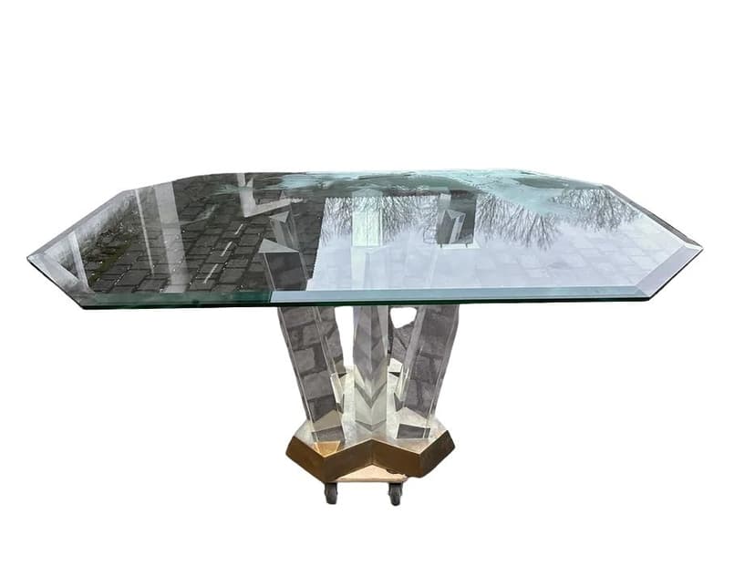 Dining Table Hollywood Regency, transparent glass, transparent acrylic, gold brass, USA, 1970s