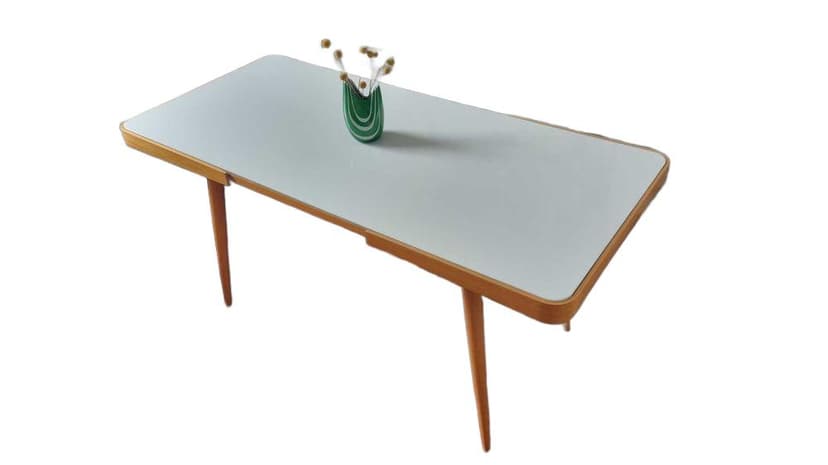 Coffee table, white glass, brown wood, by J. Jiroutek, Czechoslovakia, 1960s.