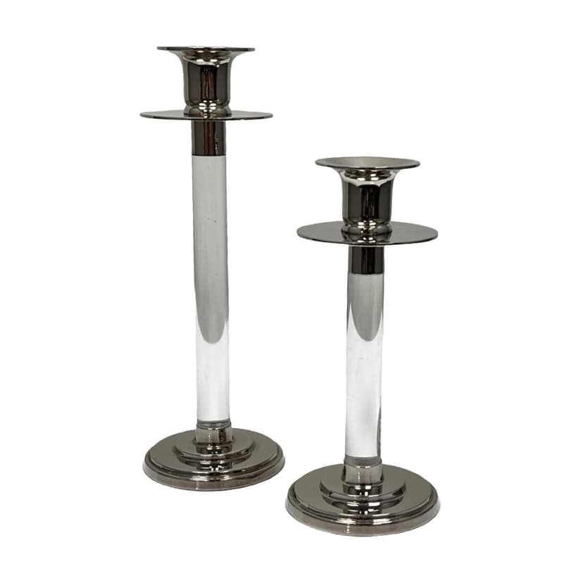 Pair of candlesticks, silver transparent, silver-plated metal acrylic glass, by E. Ericson, Svenskt Tenn, Sweden, 1960s.