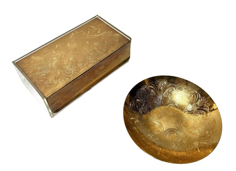 Set of jewelry box and bowl S-Collection, gold metal, transparent acrylic, by S. Kupetz, WMF, Germany, 1970s.
