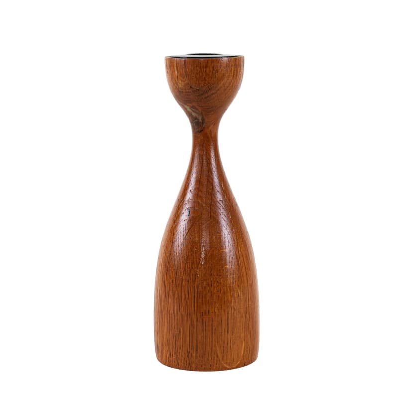 Candlestick, brown teak, black metal, Denmark, 1970s.