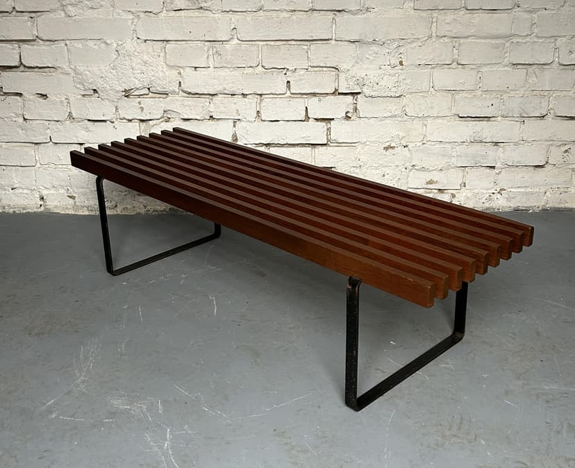 Bench mid-century modern, brown teak, black metal, 1960s.